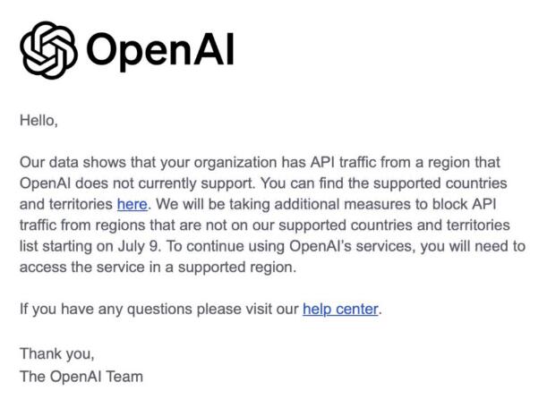 OpenAI宣布从7月9日开始终止向未开放的国家（包含中国）和地区提供API服务